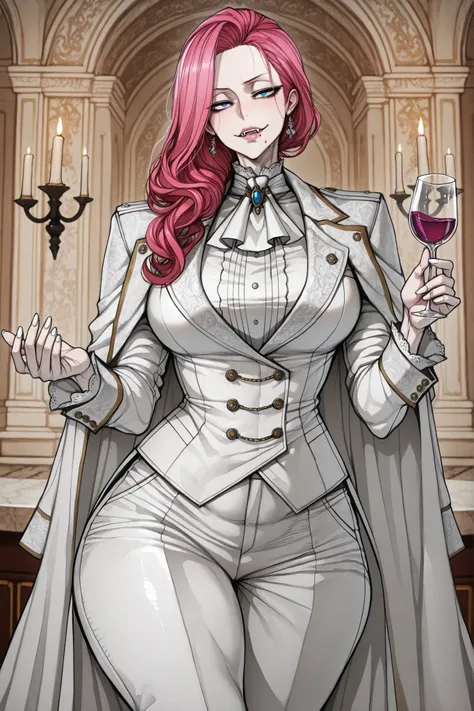 A woman in her thirties with a slightly plump, soft body, thick thighs, wide hips, and a fuller figure. Long, bright, vivid pink hair cascading past her shoulders with natural waves. Striking, intense, luminous sapphire-blue eyes looking elegant, soft faci...