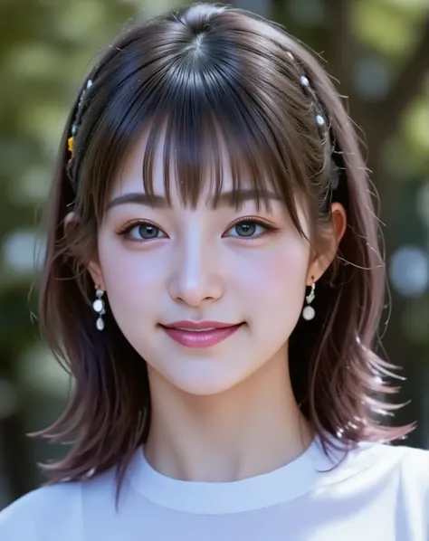 (top quality:1.4),(masterpiece:1.4),(Realistic:1.4),{{Small breasted high school student:Smiling Yang:18age::(big double eyelids):(mascara):{Long Lashes}}:(red cheeks):(Before my hair stands}:{straight,my hair is short :princess cut},{Mini white ,earrings...