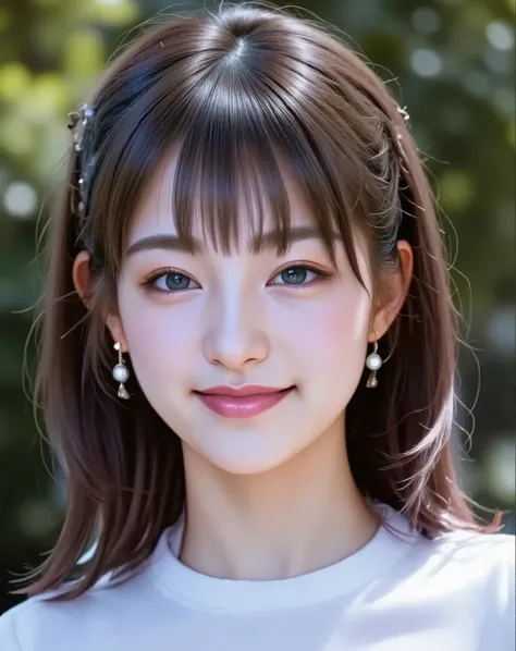 (top quality:1.4),(masterpiece:1.4),(Realistic:1.4),{{Small breasted high school student:Smiling Yang:18age::(big double eyelids):(mascara):{Long Lashes}}:(red cheeks):(Before my hair stands}:{straight,my hair is short :princess cut},{Mini white ,earrings...