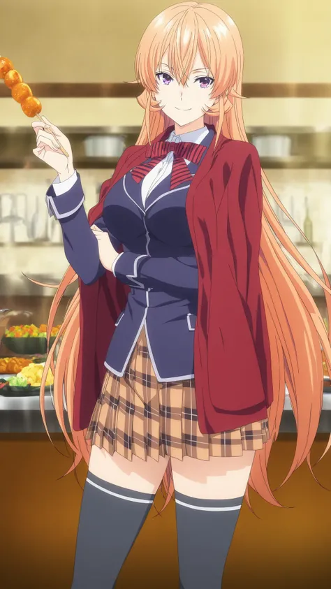 anime coloring, source_anime, hires image, masterpiece, best quality, newest, masterpiece, best quality, 4k, 1girl, long hair, orange hair, purple eyes, hair between eyes, skirt, thighhighs, bow, school uniform, jacket, pleated skirt, shoes, black thigh...