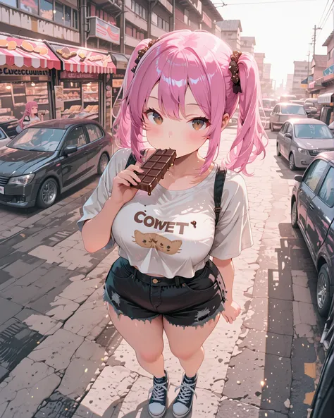 Frontal angle, (masterpiece, 4k, ultra-detailed, vibrant colors), {girl}: (a girl with pink hair, chubby build, brown eyes, eating a chocolate bar, wearing casual clothes, white t-shirt, shorts and Converse-style sneakers, she is eating a chocolate bar), a...