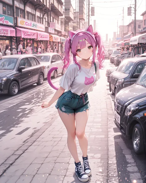Frontal angle (masterpiece, 4k, ultra-detailed, vibrant colors), {girl}: (a girl with long pink hair wearing a pink cat ear headband, perfect body, brown eyes, wearing casual clothes, white t-shirt, shorts and Converse-style sneakers, standing in a cute po...