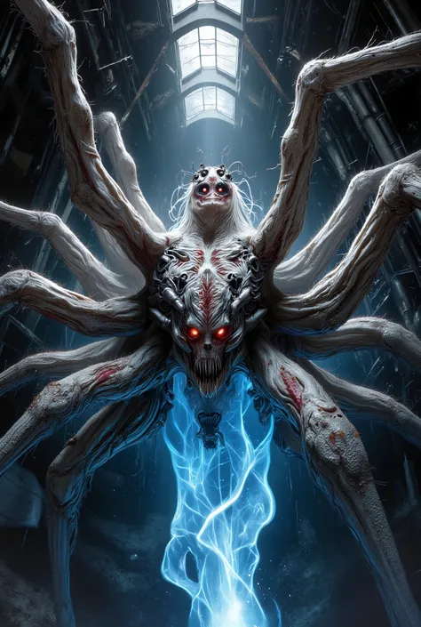 "realistic spider queen, female humanoid upper body fused with monstrous spider legs, white chitin armor, bioluminescent red eyes, multiple eyes on forehead, dark white and crimson tones, highly detailed organic textures, sinister expression, fantasy horro...