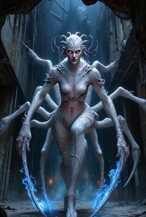 "realistic spider queen, female humanoid upper body fused with monstrous spider legs, white chitin armor, bioluminescent red eyes, multiple eyes on forehead, dark white and crimson tones, highly detailed organic textures, sinister expression, fantasy horro...