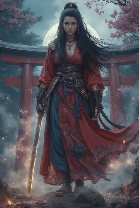 (best quality,4k,8k,highres,masterpiece:1.2), ultra-detailed, (realistic,photorealistic,photo-realistic:1.37), A fearless Japanese female warrior in traditional crimson and indigo battle kimono reinforced with ornate samurai armor. She wields a glowing kat...