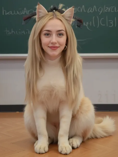 chica híbrida, Full body of the cat, Head of a female , big cat ears and a long fluffy cat tail; blonde with very long hair tied in a fluffy ponytail and ribbon, earrings; teacher of 22 years, Face with a smile; She has a front view of 4 legs and a full bo...