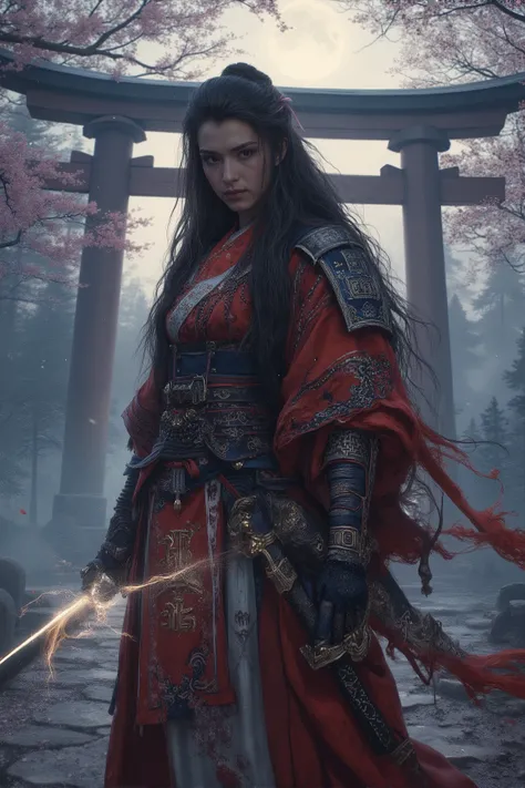 (best quality,4k,8k,highres,masterpiece:1.2), ultra-detailed, (realistic,photorealistic,photo-realistic:1.37), A fearless Japanese female warrior in traditional crimson and indigo battle kimono reinforced with ornate samurai armor. She wields a glowing kat...