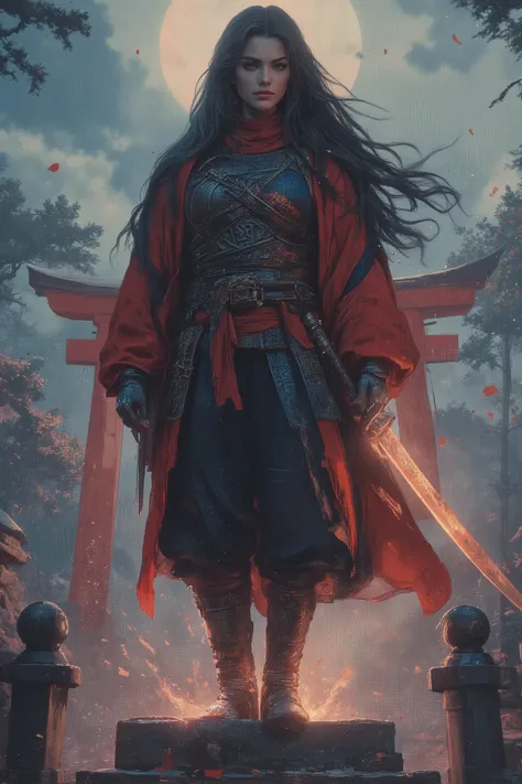(best quality,4k,8k,highres,masterpiece:1.2), ultra-detailed, (realistic,photorealistic,photo-realistic:1.37), A fearless Japanese female warrior in traditional crimson and indigo battle kimono reinforced with ornate samurai armor. She wields a glowing kat...