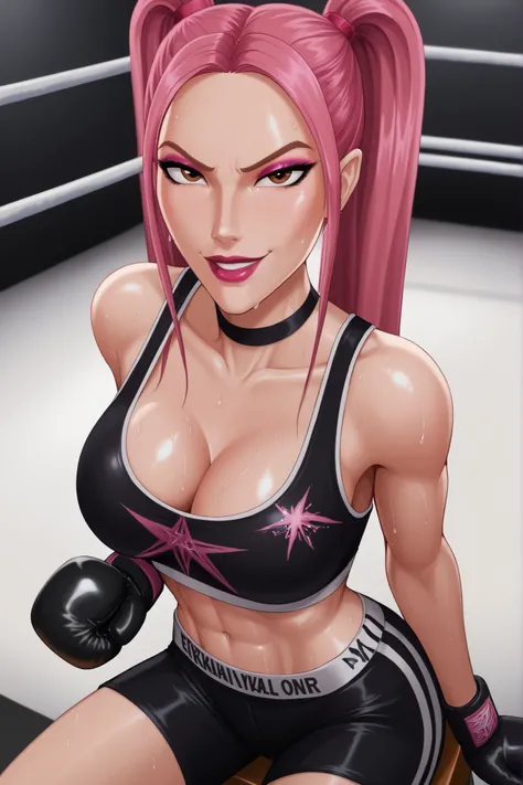 BREAK, score_6_up, score_7_up, score_8_up, score_9, 1girl, solo, kpdh_m1ra, long hair, dark pink hair, brown eyes, twintails, black choker, lipstick, makeup, official KPop Demon Hunters aesthetic, large breasts, busty, cleavage, curvy, athletic, looking at...