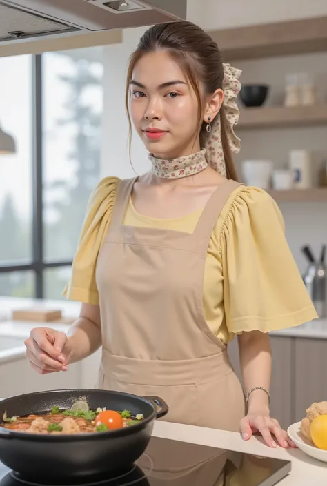 Ultra High Definition, high resolution, high resolution, 24K Video Quality. beautiful, big brown eyes, depicts a 26-year-old Japanese woman.  she says ,I'm in my new kitchen、It's a nice kitchen equipped with the latest system kitchen、
Her long, soft, light...