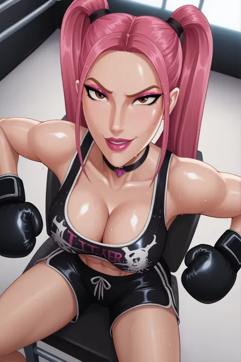 BREAK, score_6_up, score_7_up, score_8_up, score_9, 1girl, solo, kpdh_m1ra, long hair, dark pink hair, brown eyes, twintails, black choker, lipstick, makeup, official KPop Demon Hunters aesthetic, large breasts, busty, cleavage, curvy, athletic, looking at...