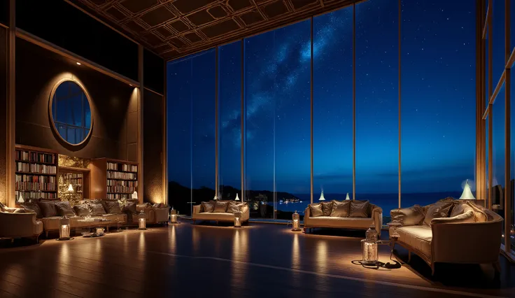 Wide々andした空間に魅惑的なシーンがWideがります, A modern room with a huge, tall glass wall that invites the outside world. At night, envelops the surroundings in deep blue. It's a place where you can soak in both literature and the beauty of an enchanting night, 星空andandもに...