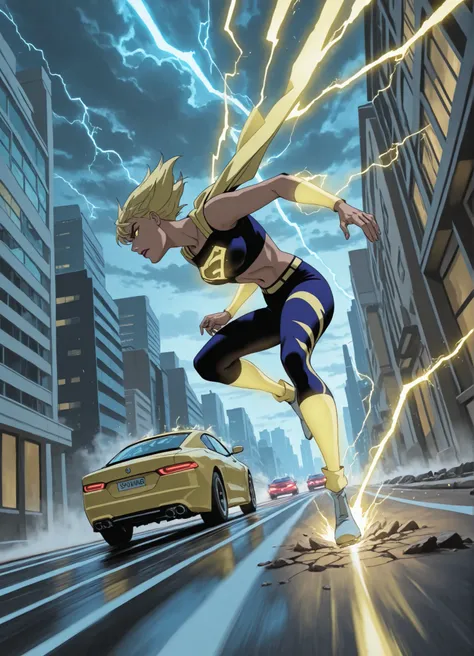 HDR,best quality, anime style, Source anime,Dynamic Lighting,jojo style by araki hirohiko,
Running girl, Glowing Body, He runs with a body and hair made of lightning, Sprint with lightning hair, lightning body, lightning arms, lightning legs, and a very lo...