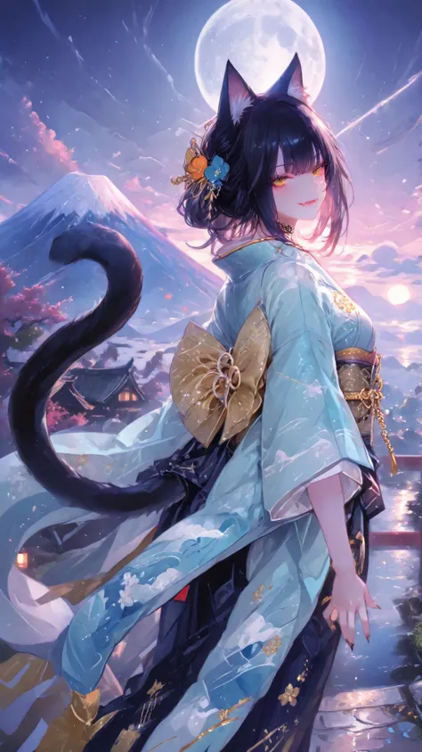perfect anatomy, fine trait, best quality, ultra detailed, 1girl (kimono neko girl), cat tail, smile with fangs, claws, dynamic pose, in night japan village in background, mount Fuji, moon and clouds, very detailed.