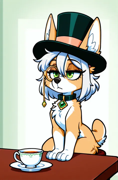 (solo), best quality, high resolution, absurdres, (adult), (by skidd), (cute, adult), (female), (semi-anthro, feral, welsh corgi, cute short corgi tail), (light brown body, white patches), medium hair, silver hair, [hair between eyes], cute fancy outfit, (...