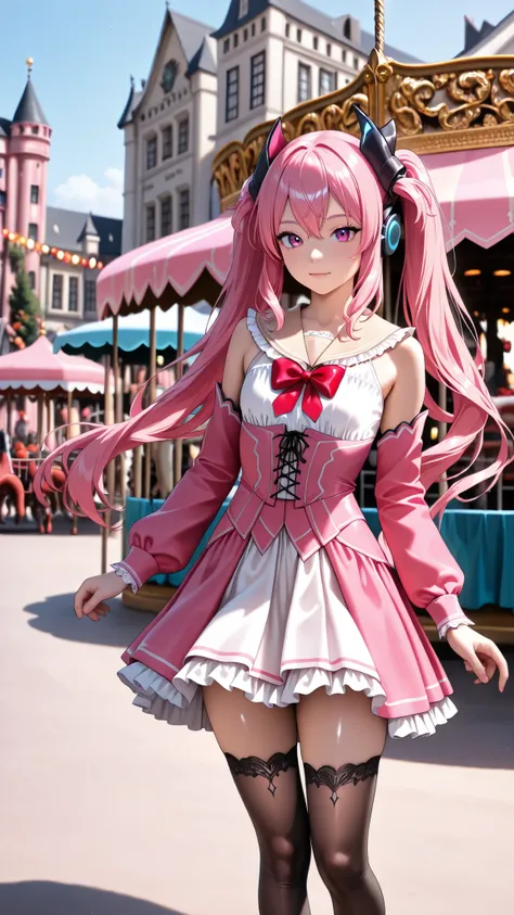 solo, grace_sveg, pink hair, Tight waist、Small waist、shiny Skin ,  (upper body), light smile,  skin, (peach pink chiffon sailor-collar blouse : 1.2), (beige frilled sailor-collar : 1.4), beige sailor-collar, (puffy long peach pink sleeves, gathered pink sl...