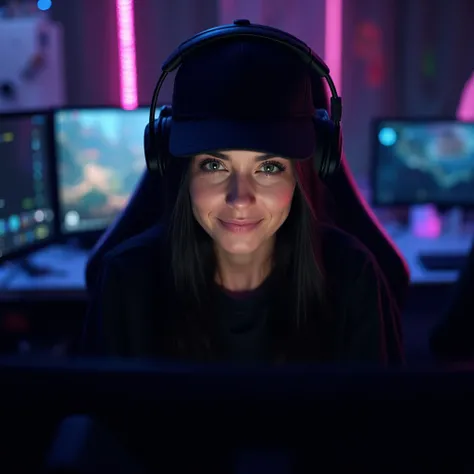 Beautiful 24-year-old woman, wearing a black cap, long straight black hair, green eyes, soft natural makeup, focused on a gaming match. Camera angle in streamer style, soft front lighting from monitors illuminating her face. She is seated in a modern gamer...