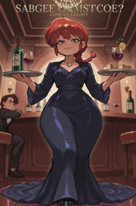 Ranma Saotome. red hair. blue eyes. braid. small breasts. wide hips. necklace. black eyeliner. pink manicure. | James Bond 007: Code Reboot — glamorous tropical soirée under moonlit palm trees. A spy couple commands attention: the man in a sleek, modern tu...