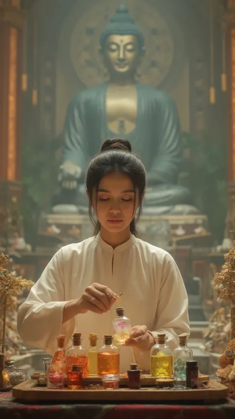 highdefinition picture、In front of the great Buddha of the temple、The daughter of the temple is blending perfume from multiple colorful flasks on the table in front of the great Buddha of the temple、