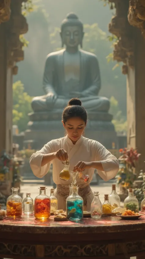 highdefinition picture、In front of the great Buddha of the temple、The daughter of the temple is blending perfume from multiple colorful flasks on the table in front of the great Buddha of the temple、