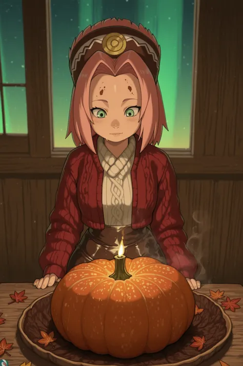 Sakura Haruno. small breasts, huge hips, pink hair, medium hair, light green eyes, thin lips, very fair skin, big forehead. | Thanksgiving Miracle — enchanting autumn scene at golden hour: a peacefully tamed turkey stands at the center of a rustic wooden ...