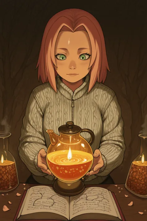 Sakura Haruno. small breasts, huge hips, pink hair, medium hair, light green eyes, thin lips, very fair skin, big forehead. | Mysterious Perfumer — dimly lit atelier filled with the aura of alchemy. A figure in a textured knitted jacket sits at a cluttere...