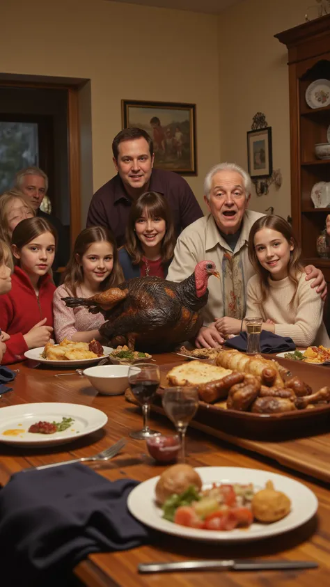 highdefinition picture、American families、there is a live turkey on the table looking at the screen、The family is amazed