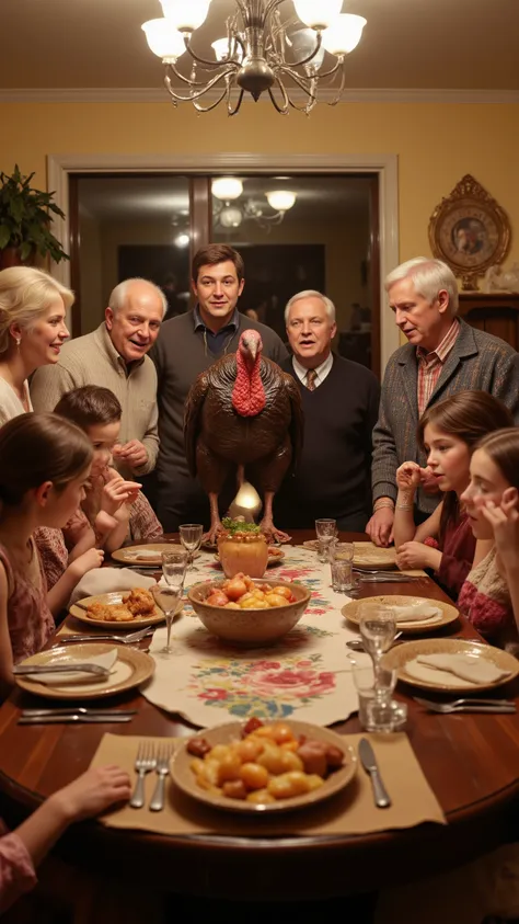 highdefinition picture、American families、there is a live turkey on the table looking at the screen、The family is amazed