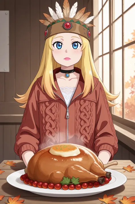 Francine Smith, looking at viewer, pink lipstick, choker, Blonde hair, small breasts. long hair. blonde hair, |   Thanksgiving Miracle — enchanting autumn scene at golden hour: a peacefully tamed turkey stands at the center of a rustic wooden table set for...
