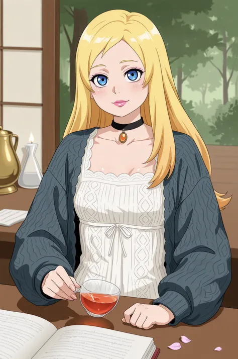 Francine Smith, looking at viewer, pink lipstick, choker, Blonde hair, small breasts. long hair. blonde hair, |   Mysterious Perfumer — dimly lit atelier filled with the aura of alchemy. A figure in a textured knitted jacket sits at a cluttered wooden tabl...