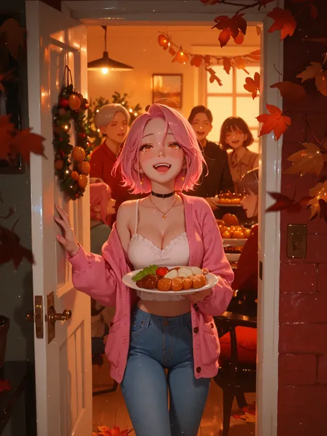 Photorealistic. A young woman stands in the entryway of a modest home on Thanksgiving, holding an abundance of delicious food, smiling with tears of joy as she returns to her family after a long time apart. She has a pink bob cut, deep orange eyes, and is ...