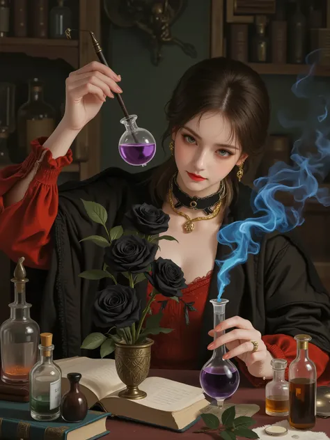 High resolution DSLR photo, realistic live-action style.
Photorealistic. In an antique laboratory bathed in dim, moody lighting, a mysterious young perfumer with an enigmatic aura focuses intently as they blend rare ingredients—black roses, mysterious purp...