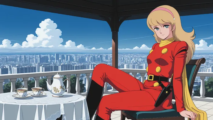 Masterpiece, Top Quality, Perfect Anatomy, Anime Coloring, Blue Sky, Clouds, 1980s Style, Single Woman, Françoise Cyborg 003, Blue Eyes, Hairband, Blonde Hair, Long Hair, Yellow Scarf, Red Uniform, Black Belt, Holster, Black Boots, Looking at Viewer, Smili...