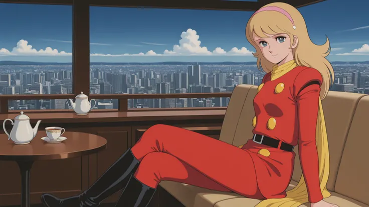 Masterpiece, top quality, perfect anatomy, anime coloring, blue sky, clouds, 1980s style, single woman, Françoise Cyborg 003, blue eyes, headband, blonde hair, long hair, yellow scarf, red uniform, black belt, black boots, looking at viewer, smiling, sitti...