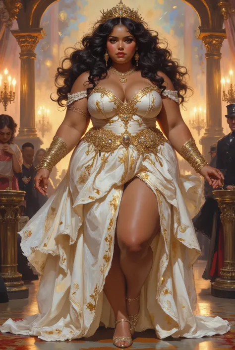 fat big large overweight heavy feminine beautiful young woman with chubby face dark brown tan tanned skin color and black eyes, (((long black curly side-parted hair))), (((black hair))), (((brown skin))), (((brown-skinned))), (((dark brown skin))), (((brow...