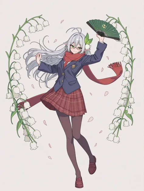 1girl, full body,
White Silver long hair, antenna hair, (シルフィエットスクール:0.8)
White Elf,red scarf,pantyhose,dark red plaid skirt,blazer,pea coat,Dancing with a green folding fan,
A hair ornament featuring petals with slightly curled edges, resembling lily of ...