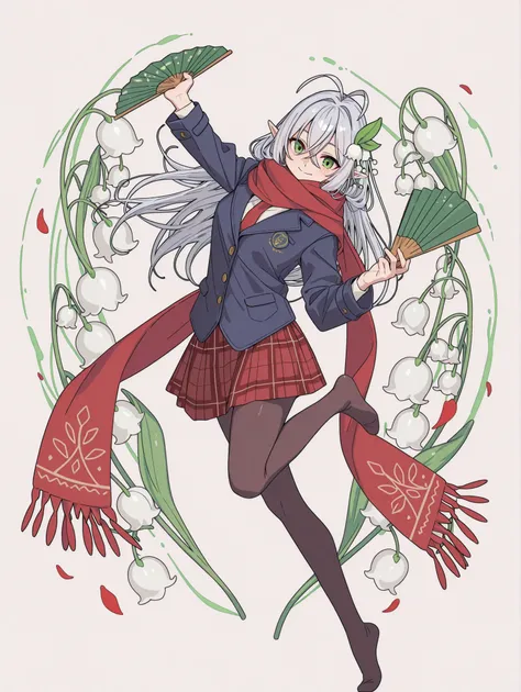 1girl, full body,
White Silver long hair, antenna hair, (シルフィエットスクール:0.8)
White Elf,red scarf,pantyhose,dark red plaid skirt,blazer,pea coat,Dancing with a green folding fan,
A hair ornament featuring petals with slightly curled edges, resembling lily of ...