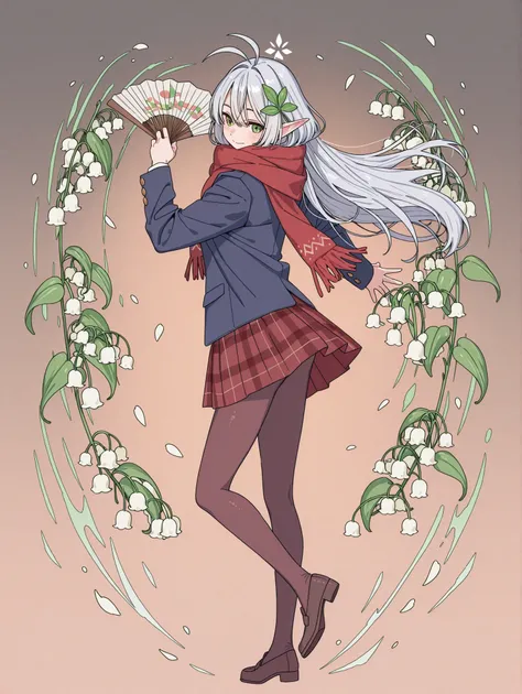 1girl, full body,
White Silver long hair, antenna hair, (シルフィエットスクール:0.8)
White Elf,red scarf,pantyhose,dark red plaid skirt,blazer,pea coat,Dancing with a green folding fan,
A hair ornament featuring petals with slightly curled edges, resembling lily of ...