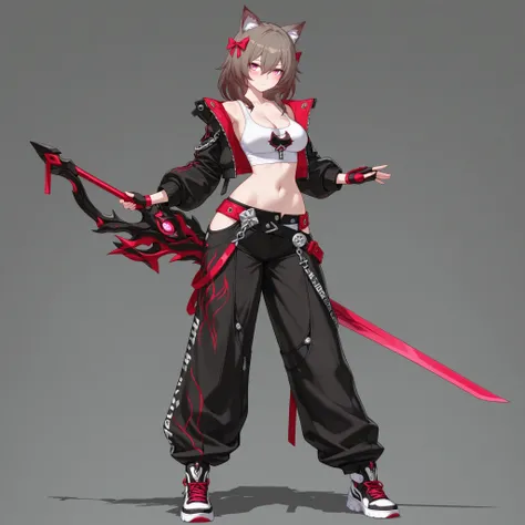(1girl, solo, cat girl, brown hair, medium hair, hair between eyes, long hair bow, pink eyes, cleavage, round breasts, navel, wide hips, honkai impact, berserker outfit, open jacket, long sleeves, tank top, wide leg pants, baggy pants, stylish sneakers, fi...