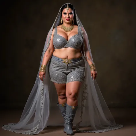 nose pin . full body closeup bridal photoshoot. A chubby thick mature old loose skin long thick  like medusa .60 years old. indian bride standing posing  .wearing knee high grey leather detailed patterned pencil very high heels boots . standing legs wide ...