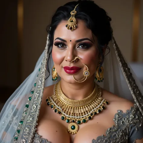  nose pin . full body closeup bridal photoshoot. A chubby thick mature old loose skin long thick  like medusa .60 years old. indian bride standing posing  .wearing knee high grey leather detailed patterned pencil very high heels boots . standing legs wide ...