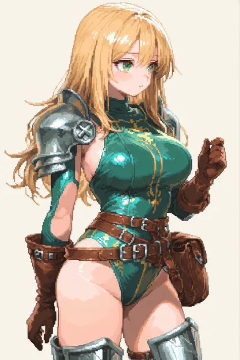 girl, simple background, blonde hair, long hair, green eyes, large breasts, fantasy green leotard white details, metal greaves, metal pauldrons, multiple belts, satchel, leather gloves