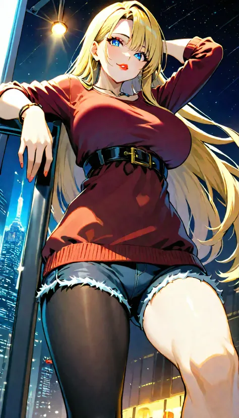 (RAW Photo), Absurd Resolution, Hyperrealism, Photorealism, Maximum Quality, 16k, Masterpiece, Ultra Detailed) (beautiful girl, 21 years old), (sharp pupil, blue eye), (blonde hair and white extensions, pale), (made-up, red lips), (woman wearing shorts and...