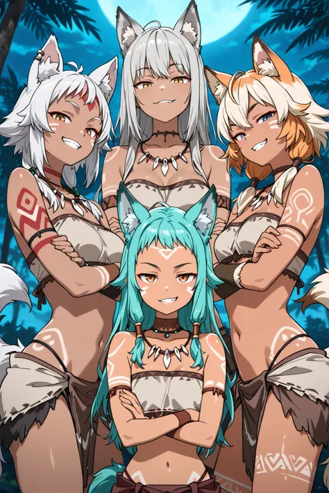 (masterpiece, best quality:1.2), very detailed, anime coloring, 4 girls, tribal girls, tribal outfit, arrogant, teasing girls, wolf ears , wolf tails, grins,arms crossed, playful glare at the viewer, different Hairstyles, different hair colors .At night. 