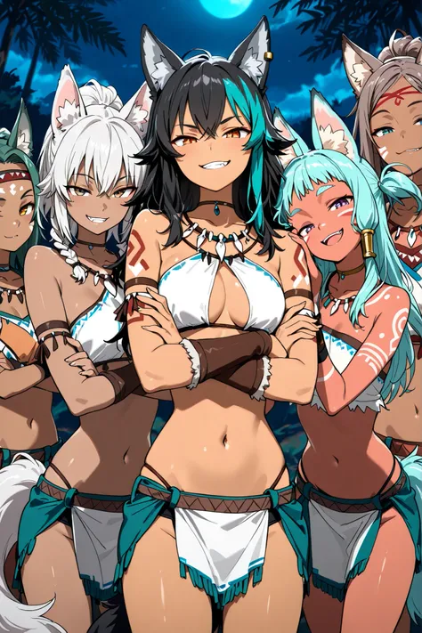 (masterpiece, best quality:1.2), very detailed, anime coloring, 4 girls, tribal girls, tribal outfit, arrogant, teasing girls, wolf ears , wolf tails, grins,arms crossed, playful glare at the viewer, different Hairstyles, different hair colors .At night.