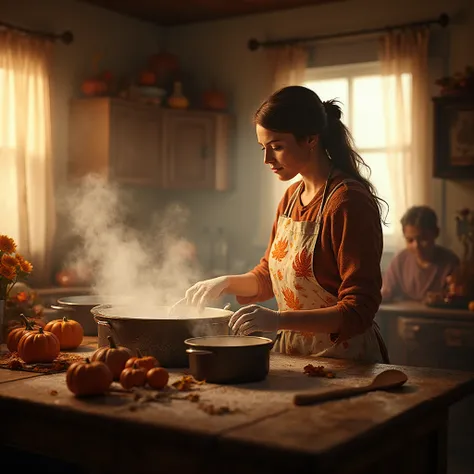 A devoted mother in a cozy farmhouse kitchen on Thanksgiving morning, bathed in warm golden light streaming through curtained windows, wearing an apron with autumn leaf patterns, expertly preparing the traditional feast with flour-dusted hands, steam risin...