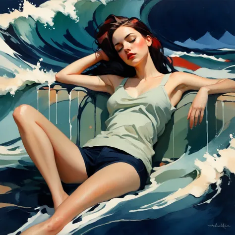 abstractzyrnox, abstract, abstract art,Create a portrait of a young woman in a semi-reclining pose with a pensive expression. Use a painterly style inspired by Malcolm Liepke, characterized by expressive brushstrokes and rich texture. Nautical color palett...