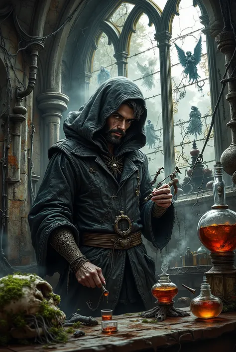 Gothic alchemist perfumer, medieval laboratory in a cathedral tower, stained glass windows with fallen angels, moonlight, intricate glass alembics and retorts, dark robes, hooded figure, distilling essence from a moss-covered skull, surreal perfumery, mood...