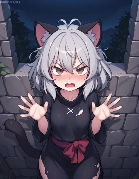 by Rabbitbrush,, 1girl, petite, (skinny and frail:0.7), cat girl, against wall, stone wall, brown eyes,looking at viewer, grey hair, medium hair, messy hair, angry, (scared:0.4), (open mouth:0.5), fangs, hands up, (tearing up:0.5), tail raised, torn clothe...
