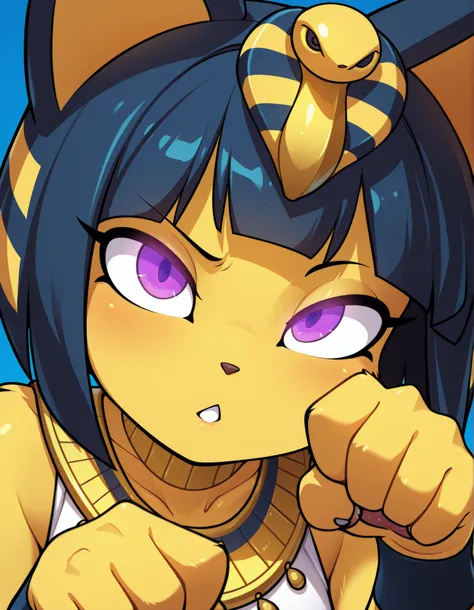 by Rabbitbrush,, depth of field, 1girl, furry, ankha \(animal crossing\), expressionless, eye reflection, yellow background, yellow theme, blue background, desert,, purple eyes, glowing eyes, wide-eyed, paw pose, looking at viewer, close-up, parted lips,